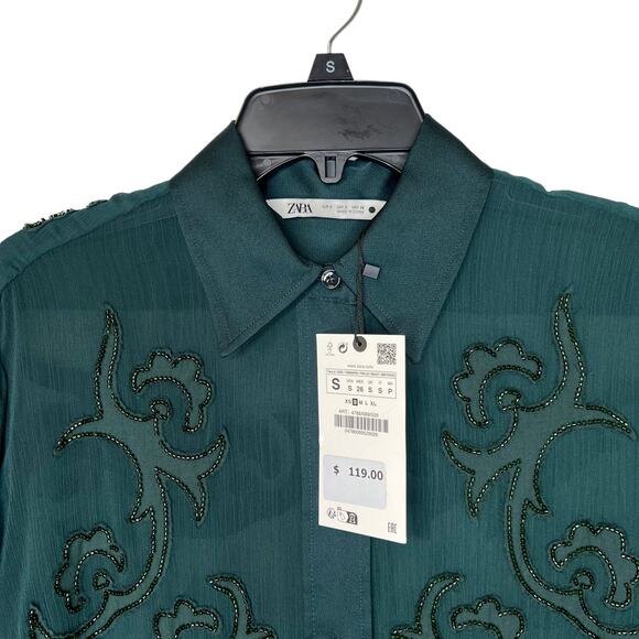 Zara Semi-Sheer Collared Button-Up Blouse Tonal Bead Applique Forest Green Small - Picture 13 of 14